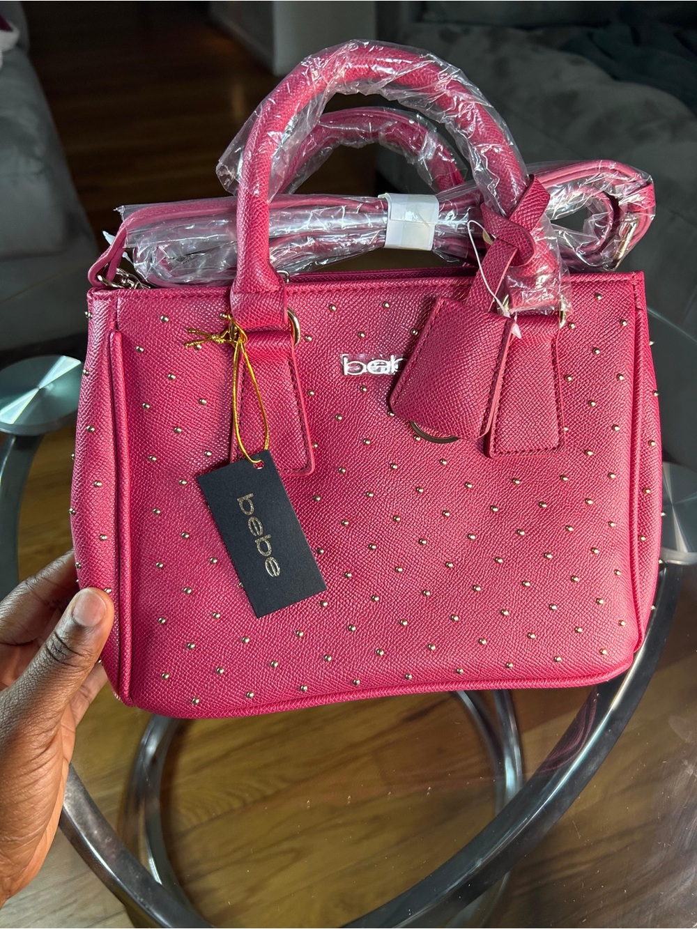 bebe Rose Pink Studded Satchel with Gold Accents